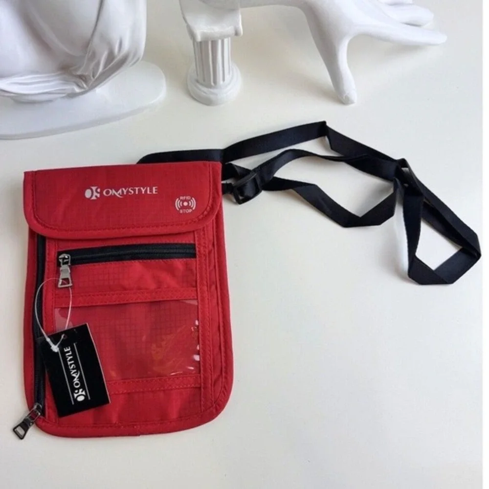 OMYSTYLE RFID Blocking Travel Passport Wallet Neck Pouch Red Nylon Crossbody J-0